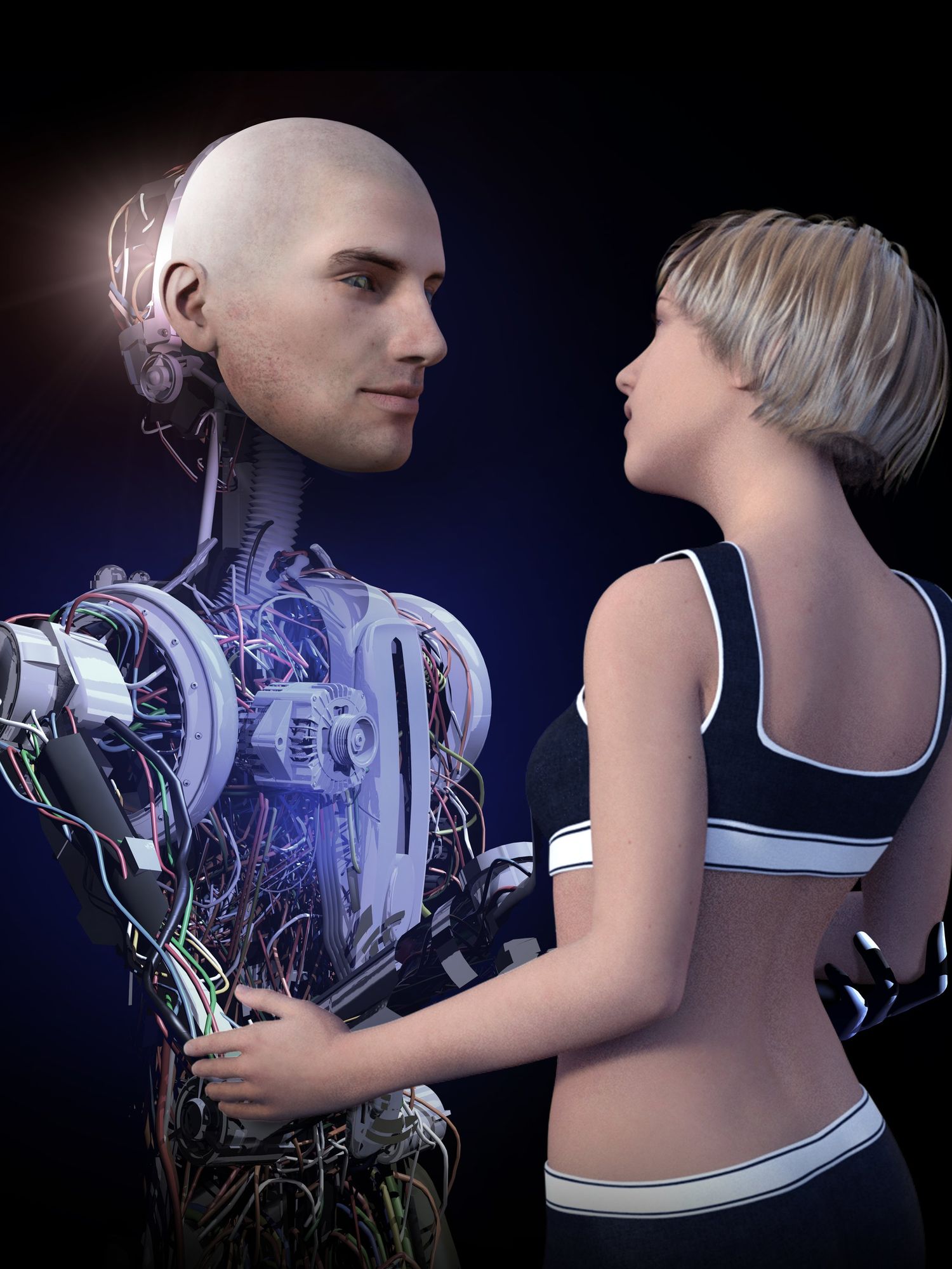 A 3D illustration of a male humanoid robot embracing a white woman with short blonde hair and a short black bra.