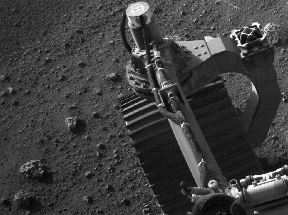 A black and white image of the rover that is currently exploring Mars