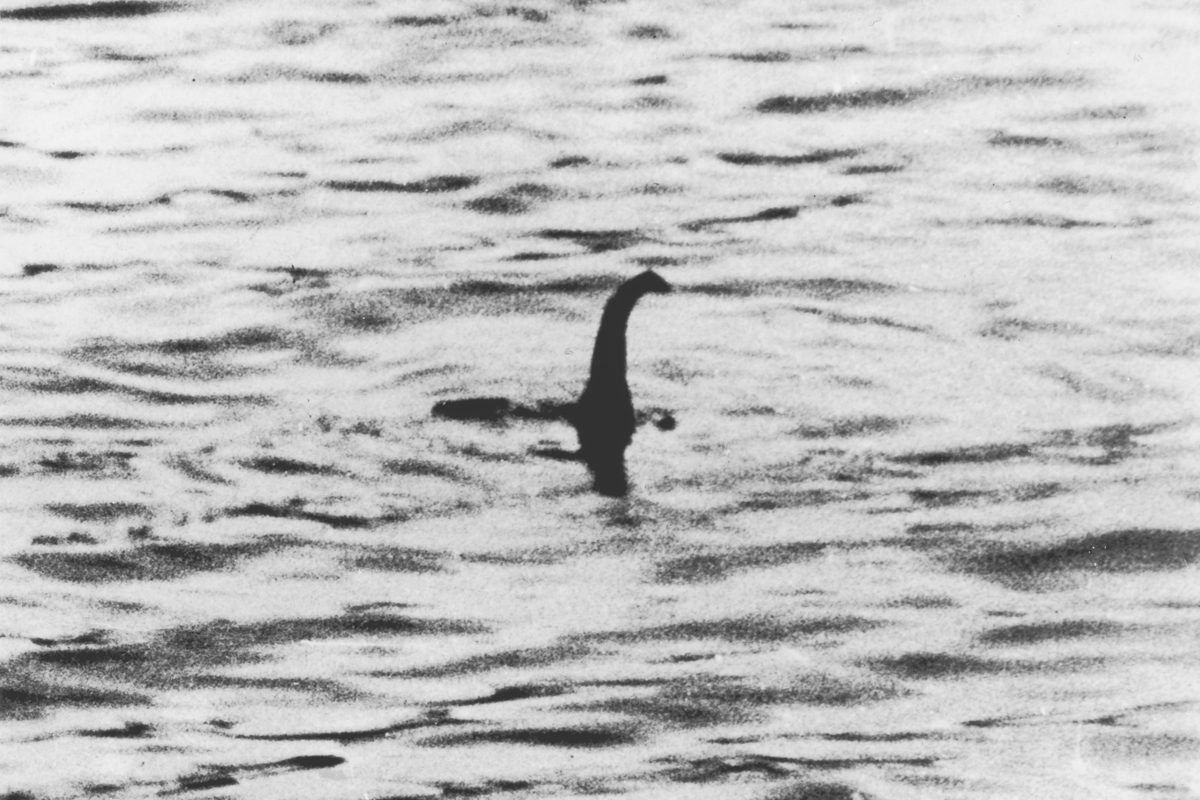 A black and white picture of a thin, curved object poking out from the water. It's the famous photo associated with the Loch Ness Monster.
