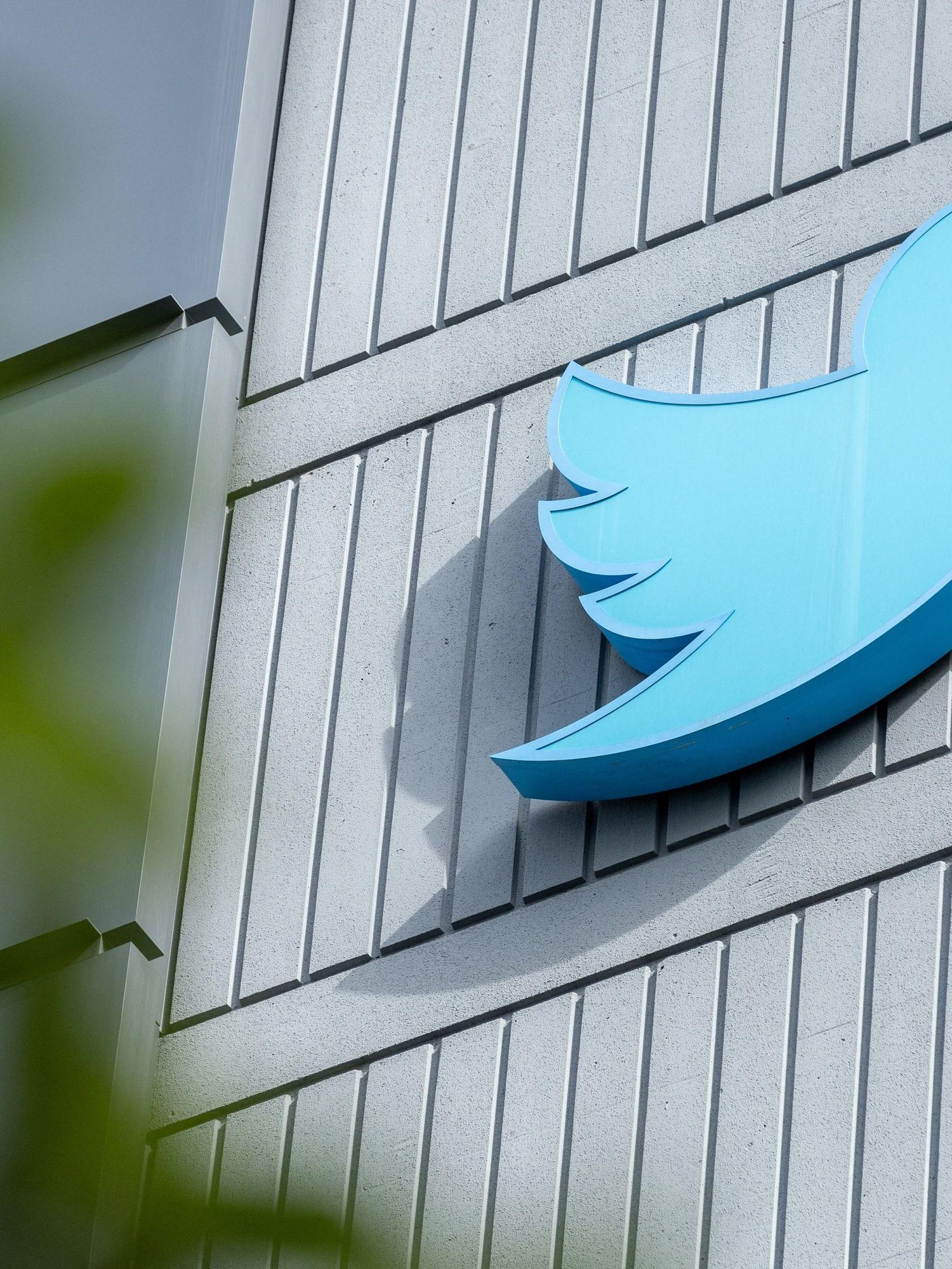 A blue Twitter bird sign on a grey building, with some greenery out of focus in the bottom left foreground.