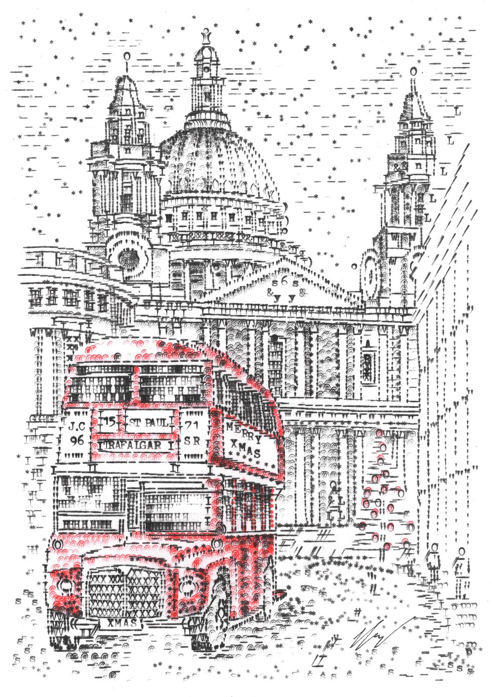 A Christmas card design created by James Cook. It has an image of a red London bus, with St Paul\u2019s Cathedral in the background (James Cook/PA).