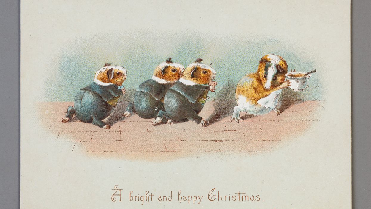 A Christmas card designed by Beatrix Potter in the early 1890s, showing three guinea pigs in schoolboy suits chasing after their mother (Frederick Warne & Co/PA)