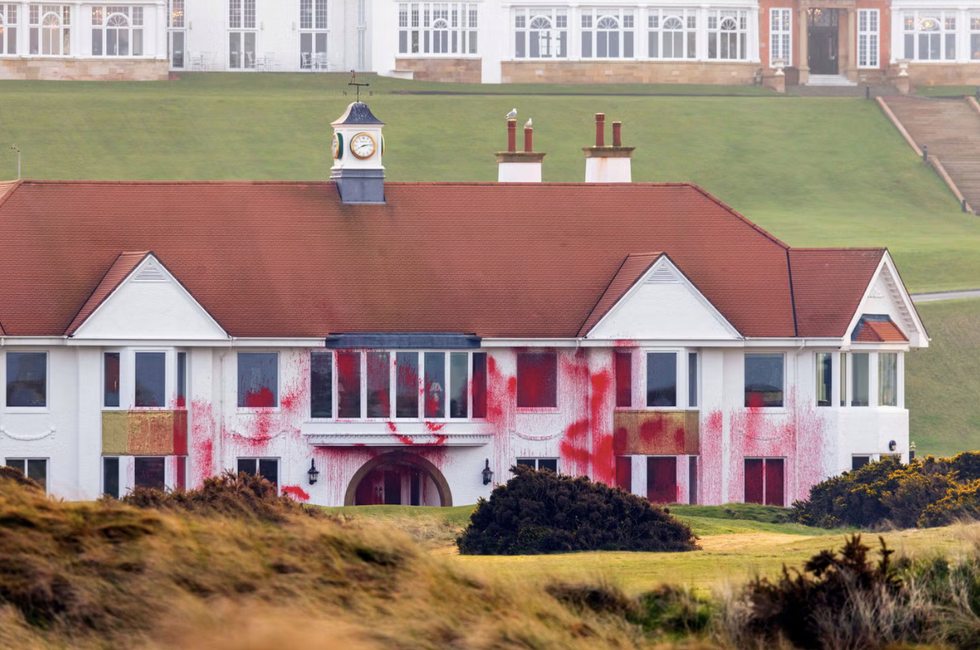 A clubhouse on Turnberry covered in red paint
