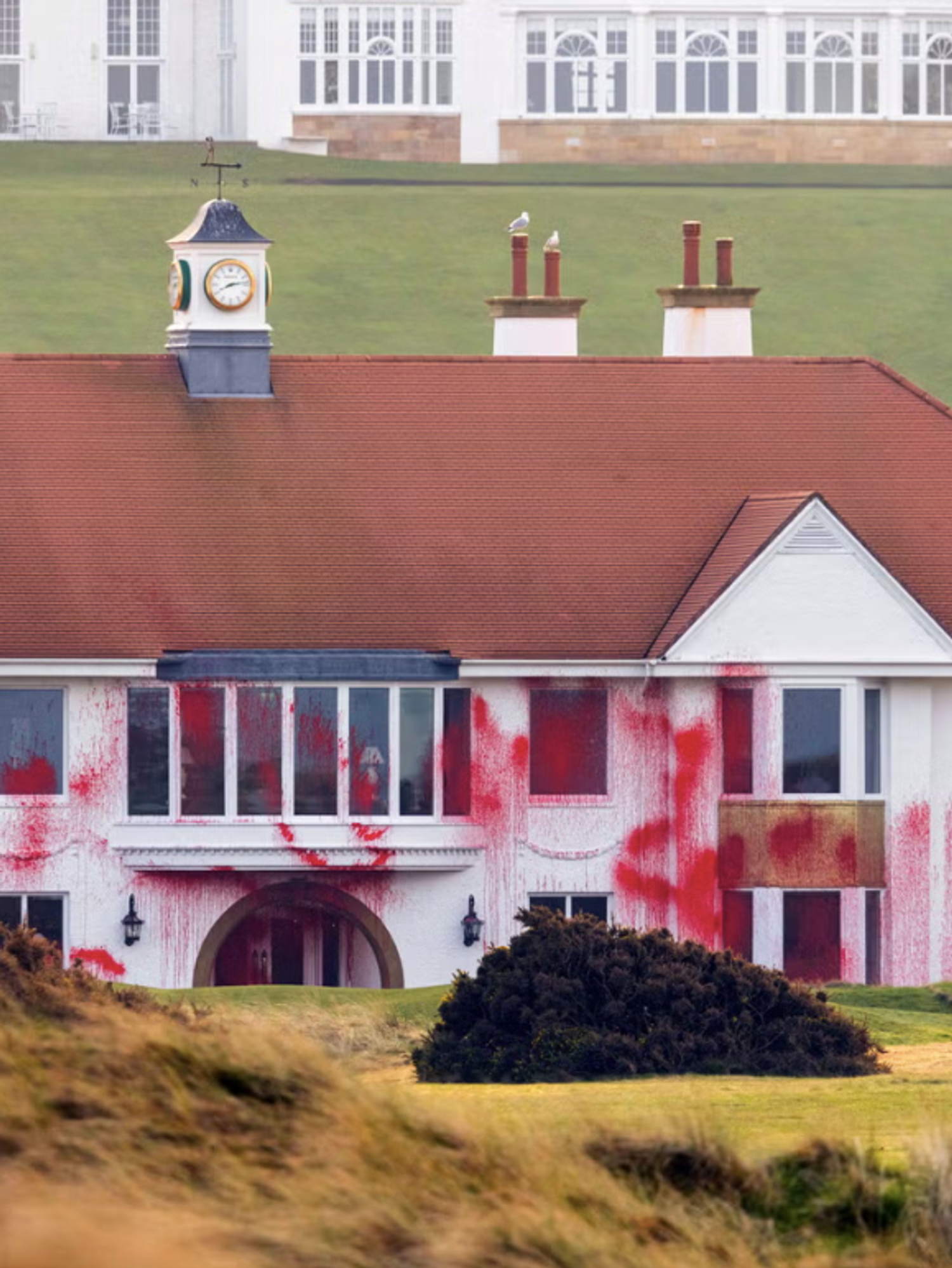 A clubhouse on Turnberry covered in red paint