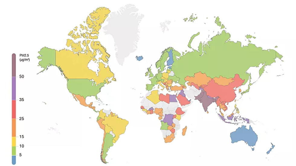 A colour-coded map showing pollution levels across different countries