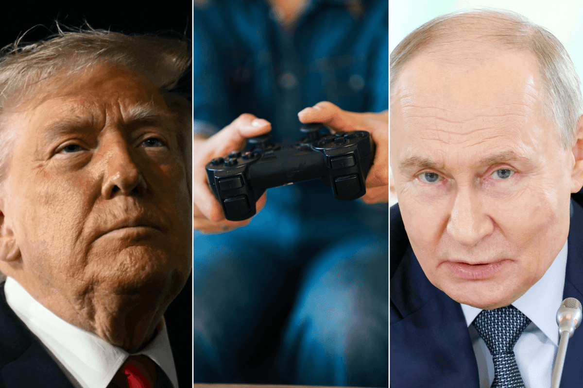 A compisite image of photos of Donald Trump, someone playing a video game and Vladimir Putin