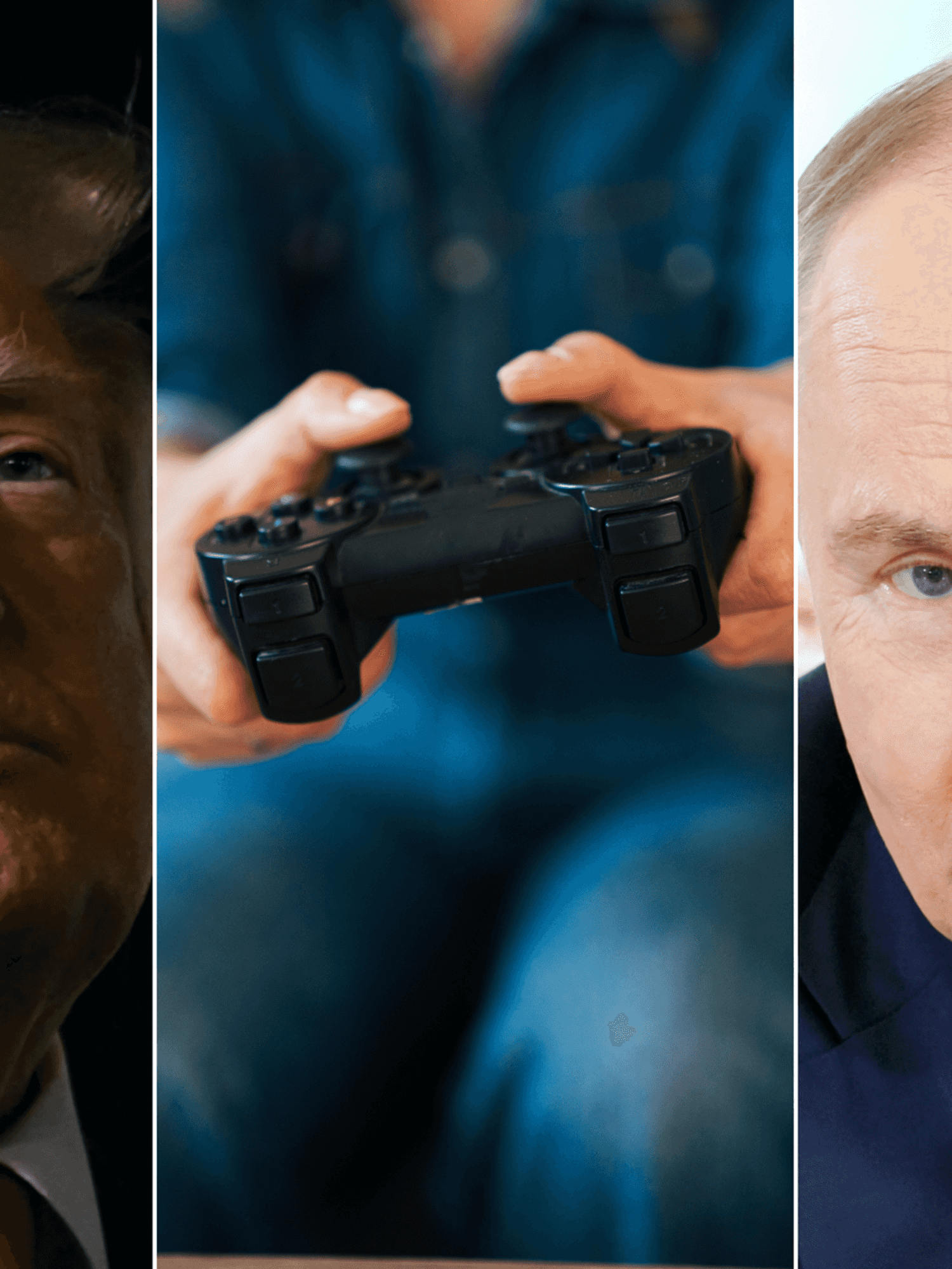 A compisite image of photos of Donald Trump, someone playing a video game and Vladimir Putin