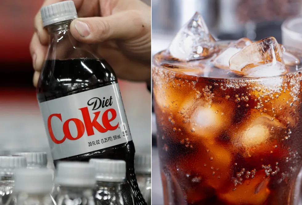 A composite image of a bottle of Diet Coke and a glass of cola with ice