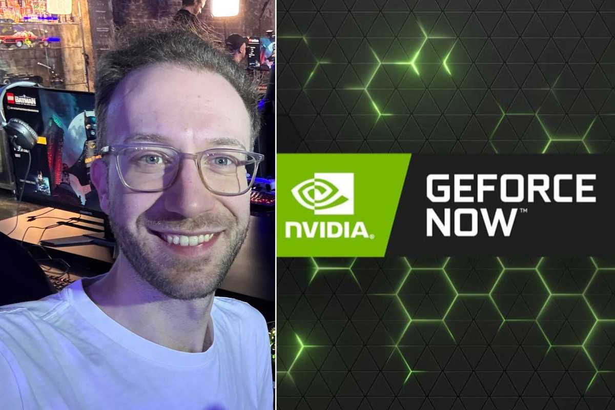 A composite image of a photo of Jake Brigstock and the Nvidia GeForce NOW logo