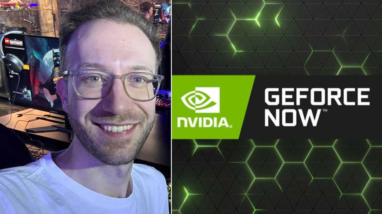 A composite image of a photo of Jake Brigstock and the Nvidia GeForce NOW logo