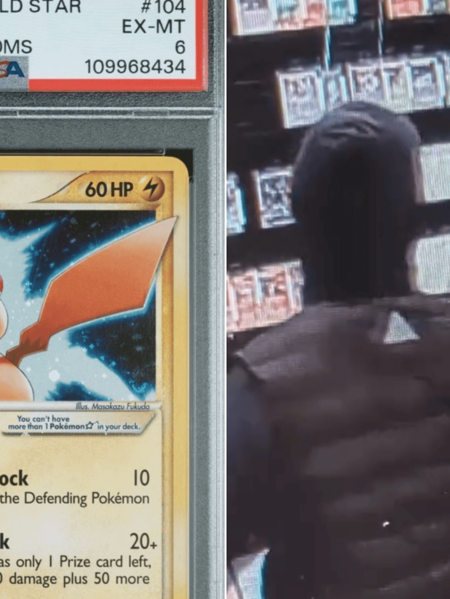 A composite image of a photo of one of the rare Pokemon cards stolen from The Poke Court and a still from CCTV footage of the store being robbed
