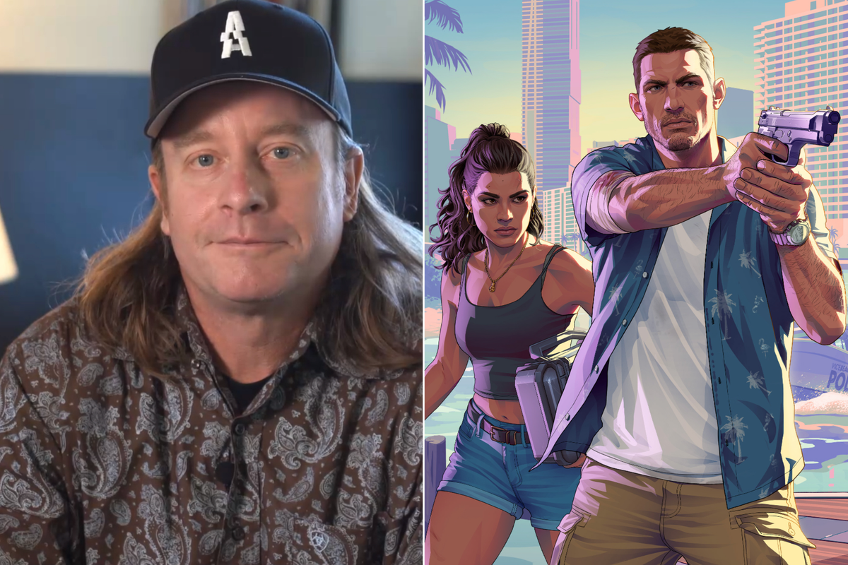 A composite image of a portrait of Lazlow and artwork for GTA 6