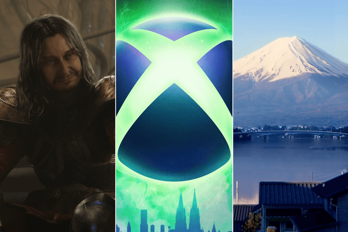 A composite image of a screenshot from Fable, artwork of the Xbox logo and a screenshot from Forza Horizon 6