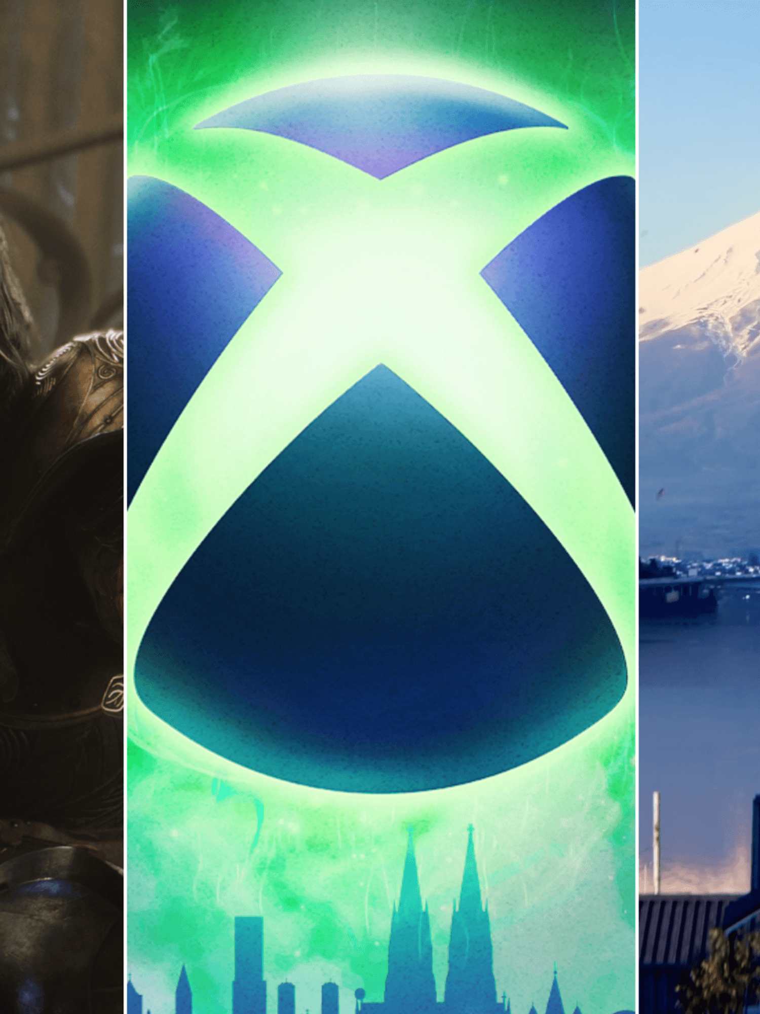 A composite image of a screenshot from Fable, artwork of the Xbox logo and a screenshot from Forza Horizon 6