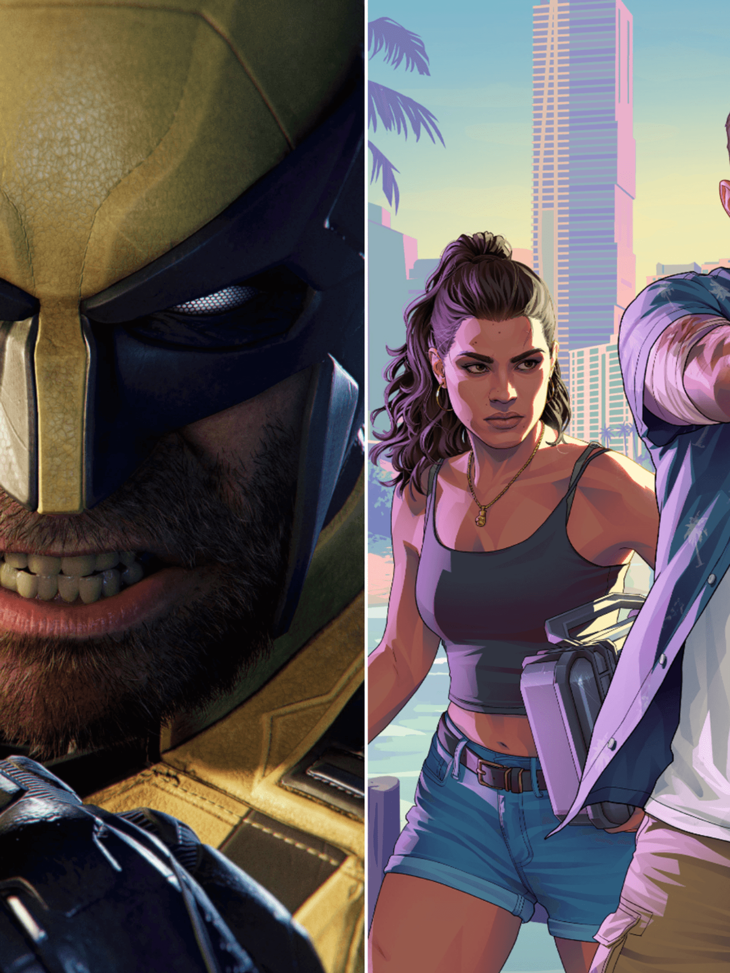A composite image of a screenshot from Marvel's Wolverine and artwork from GTA 6