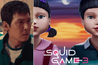A composite image of a screenshot from the Squid Game Season 2 trailer and Netflix's promo for Squid Game Season 3