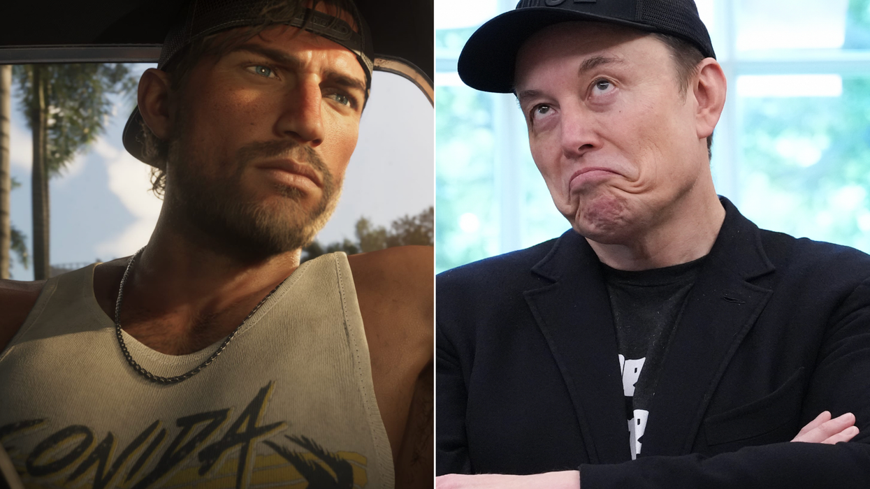 A composite image of a screenshot of Jason Duval from GTA 6 and a picture of Elon Musk at The White House
