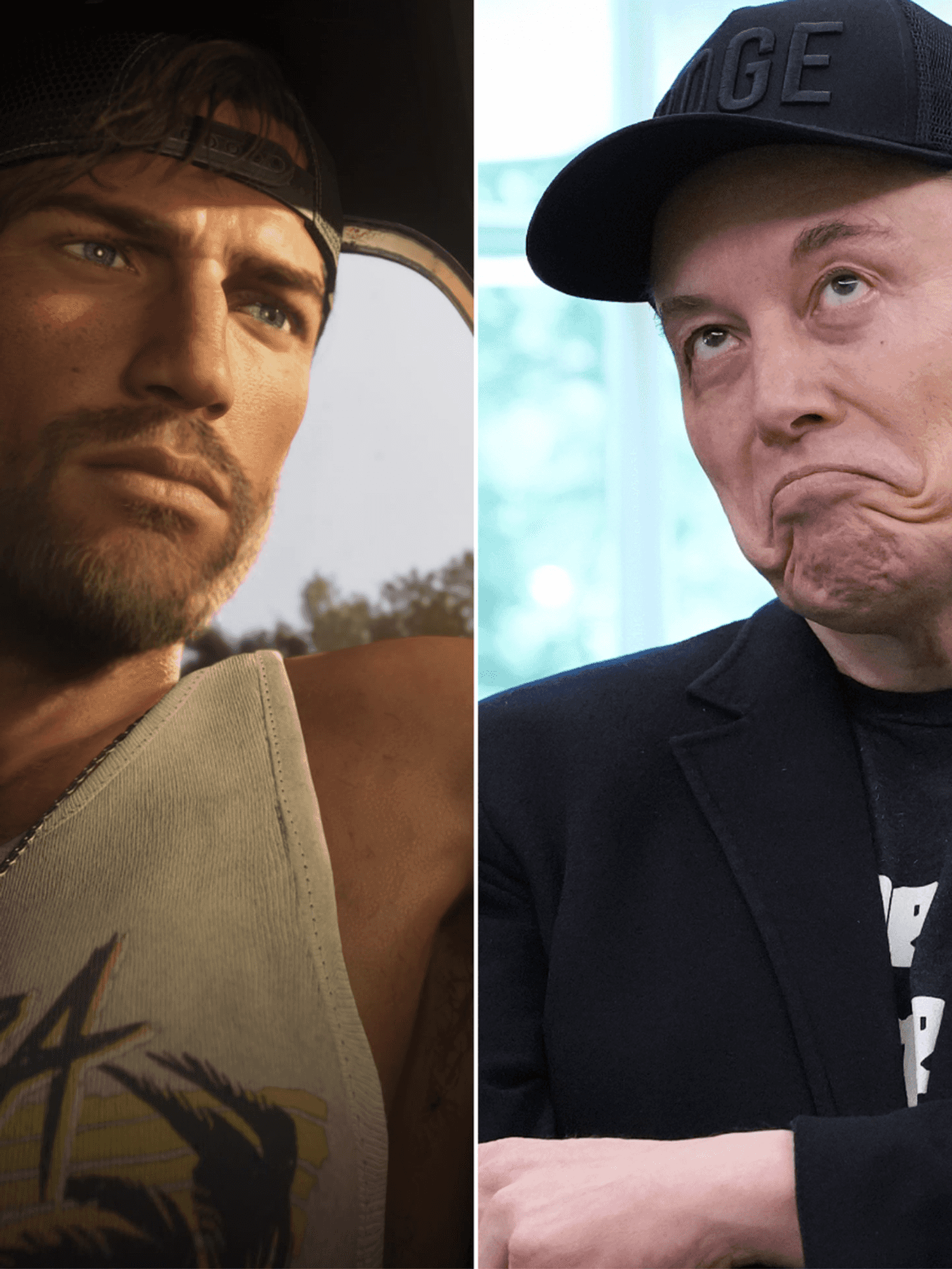 A composite image of a screenshot of Jason Duval from GTA 6 and a picture of Elon Musk at The White House