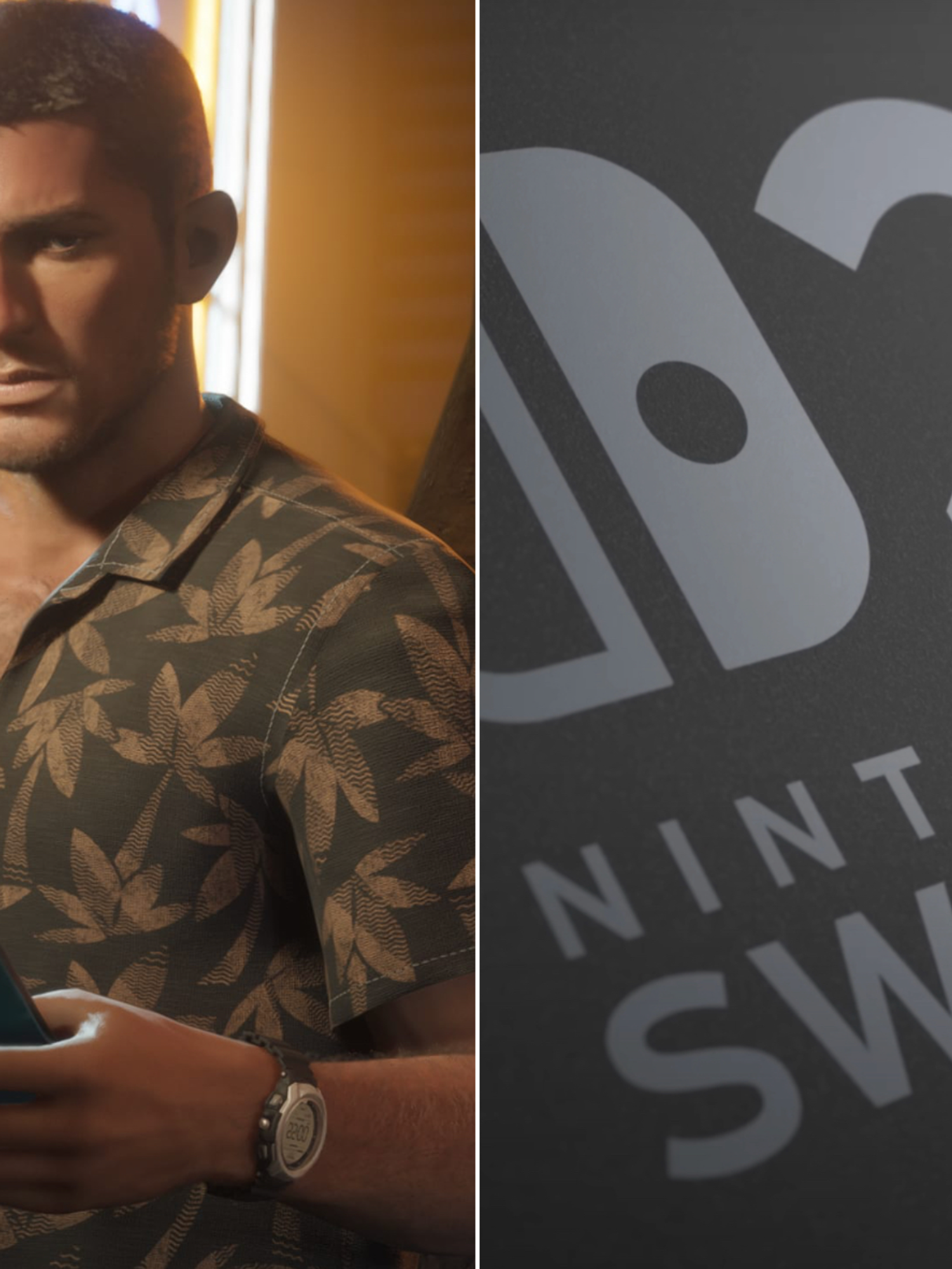 A composite image of a screenshot of Jason Duval from GTA 6 and the back of a Switch 2 console from the overview trailer