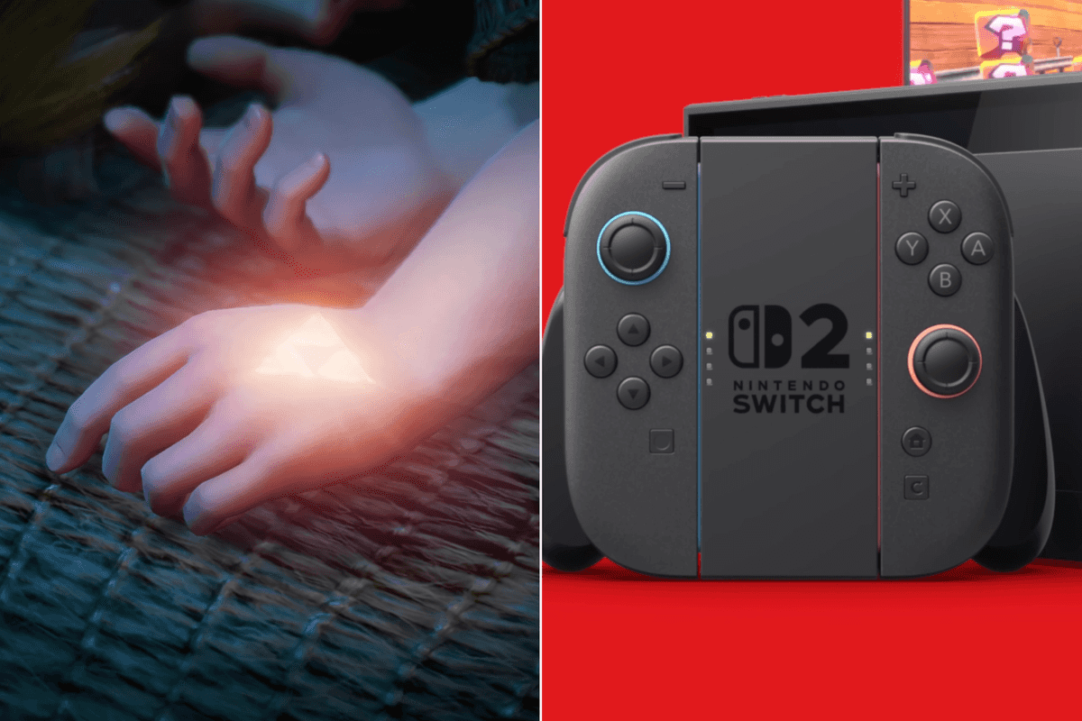 A composite image of a screenshot of Link from The Legend of Zelda Ocarina of Time trailer and a screenshot of the Nintendo Switch 2 from the overview trailer