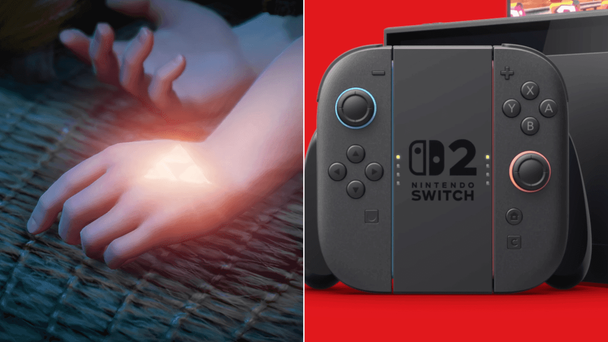 A composite image of a screenshot of Link from The Legend of Zelda Ocarina of Time trailer and a screenshot of the Nintendo Switch 2 from the overview trailer