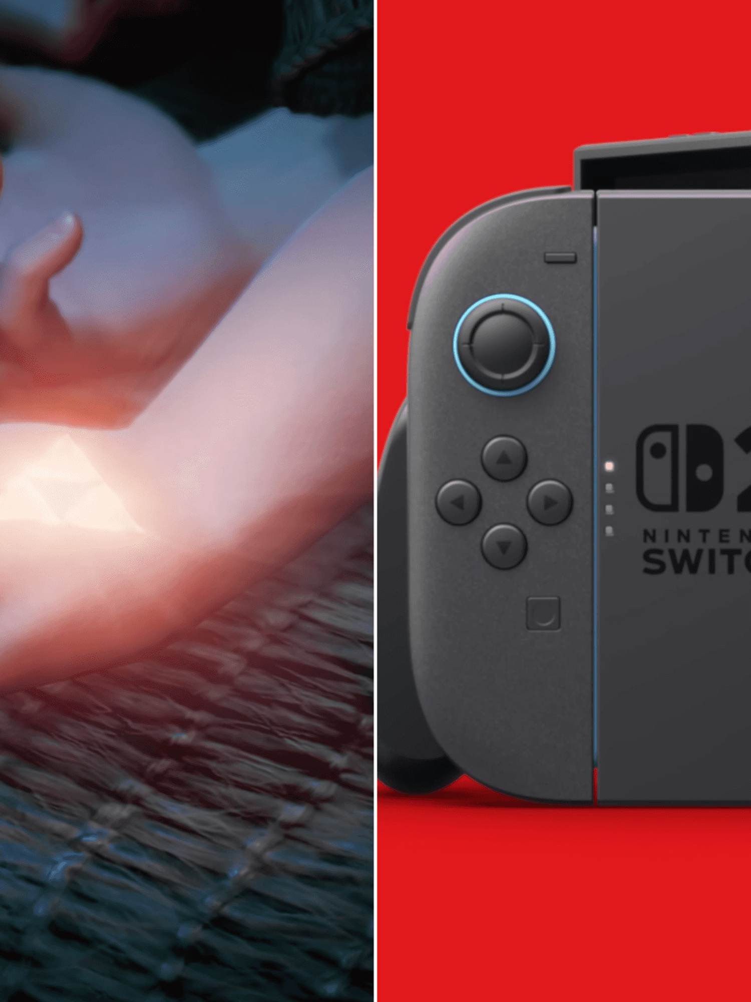 A composite image of a screenshot of Link from The Legend of Zelda Ocarina of Time trailer and a screenshot of the Nintendo Switch 2 from the overview trailer