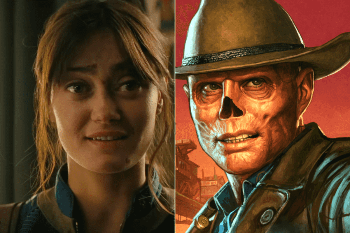 A composite image of a screenshot of Lucy MacLean in Prime Video's Fallout series from the Season 2 launch trailer and official artwork of The Ghoul in Fallout 76