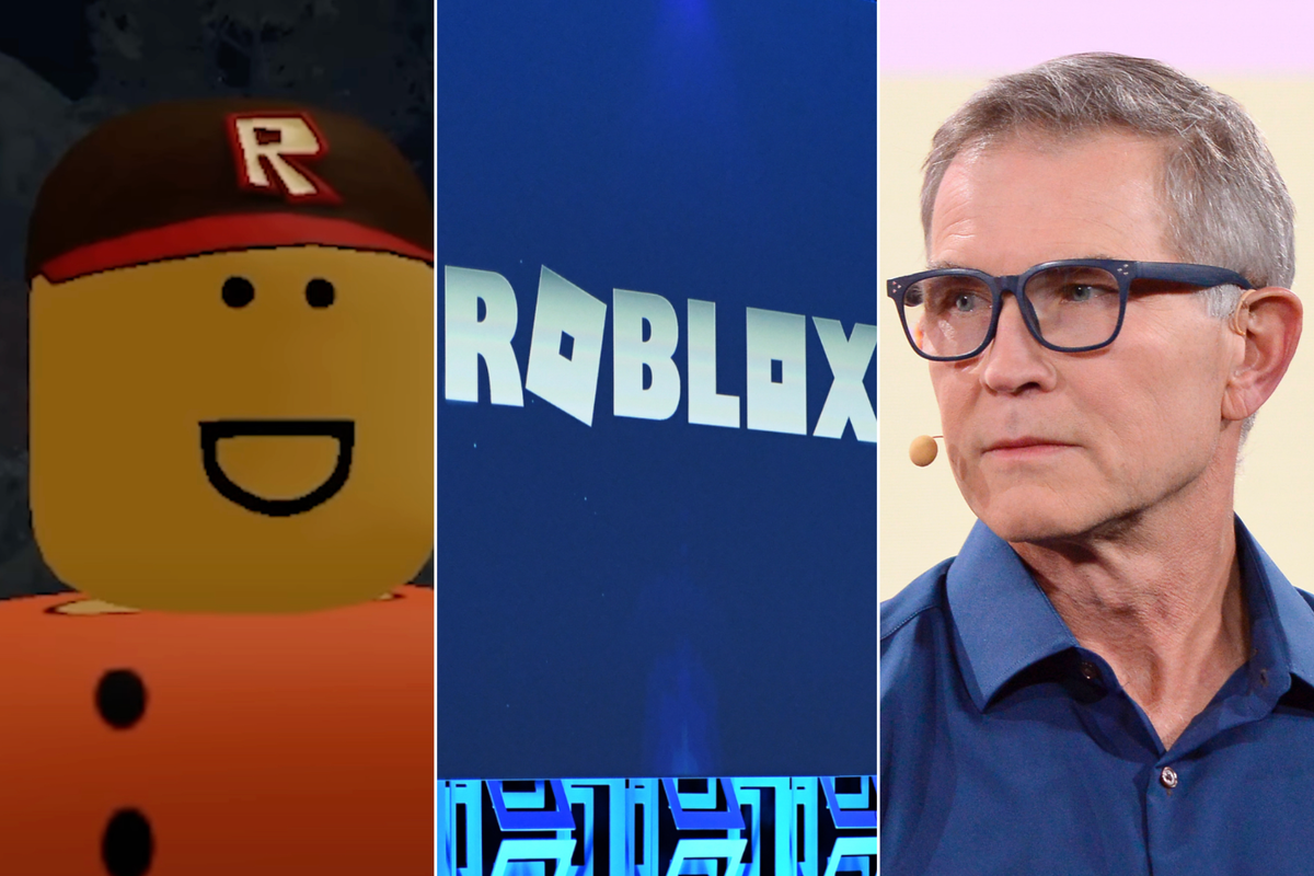 A composite image of a screenshot of Schlep, the Roblox logo and David Baszucki