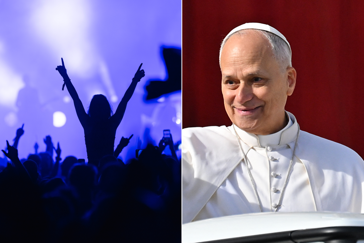 A composite image of a stock photo of a rave and an image of Pope Leo
