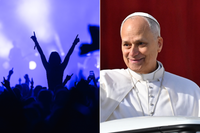 A composite image of a stock photo of a rave and an image of Pope Leo
