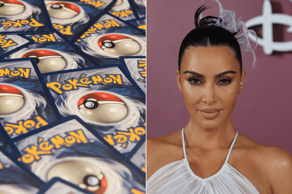 A composite image of a stock photo of the back of Pokemon cards and a photo of Kim Kardashian