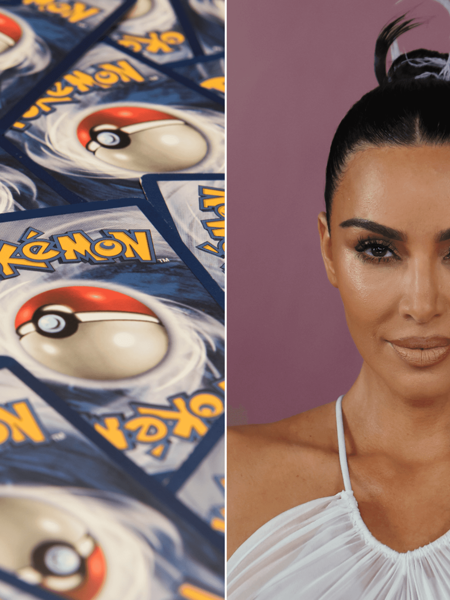 A composite image of a stock photo of the back of Pokemon cards and a photo of Kim Kardashian