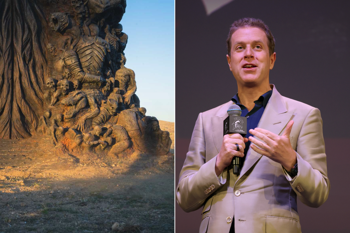 A composite image of a tease of a statue from Geoff Keighley and an image of Geoff Keighley