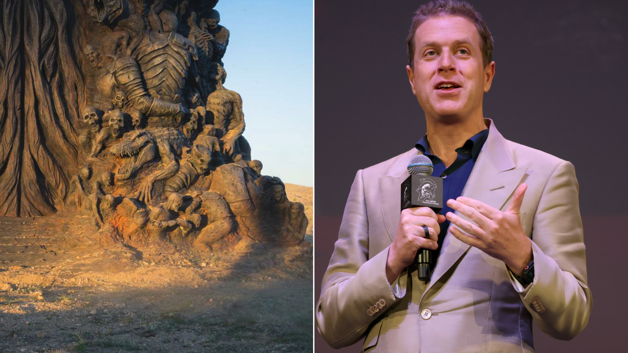 A composite image of a tease of a statue from Geoff Keighley and an image of Geoff Keighley​