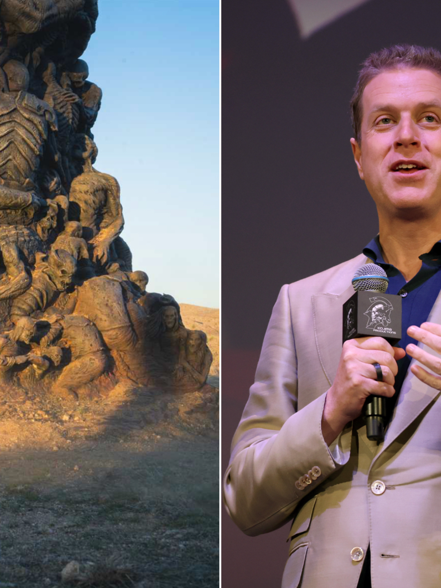 A composite image of a tease of a statue from Geoff Keighley and an image of Geoff Keighley​