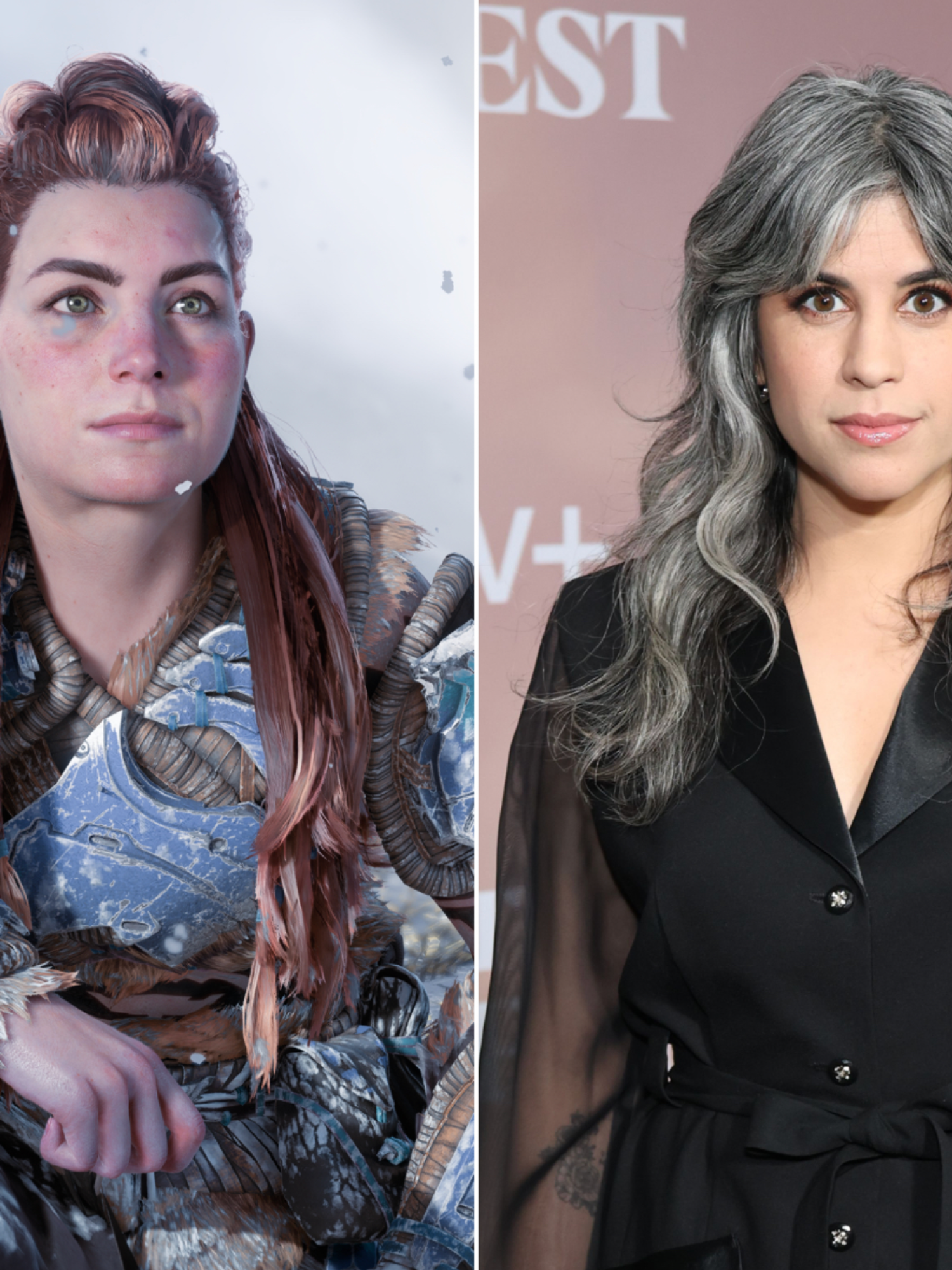 A composite image of Aloy from the Horizon series and Ashly Burch