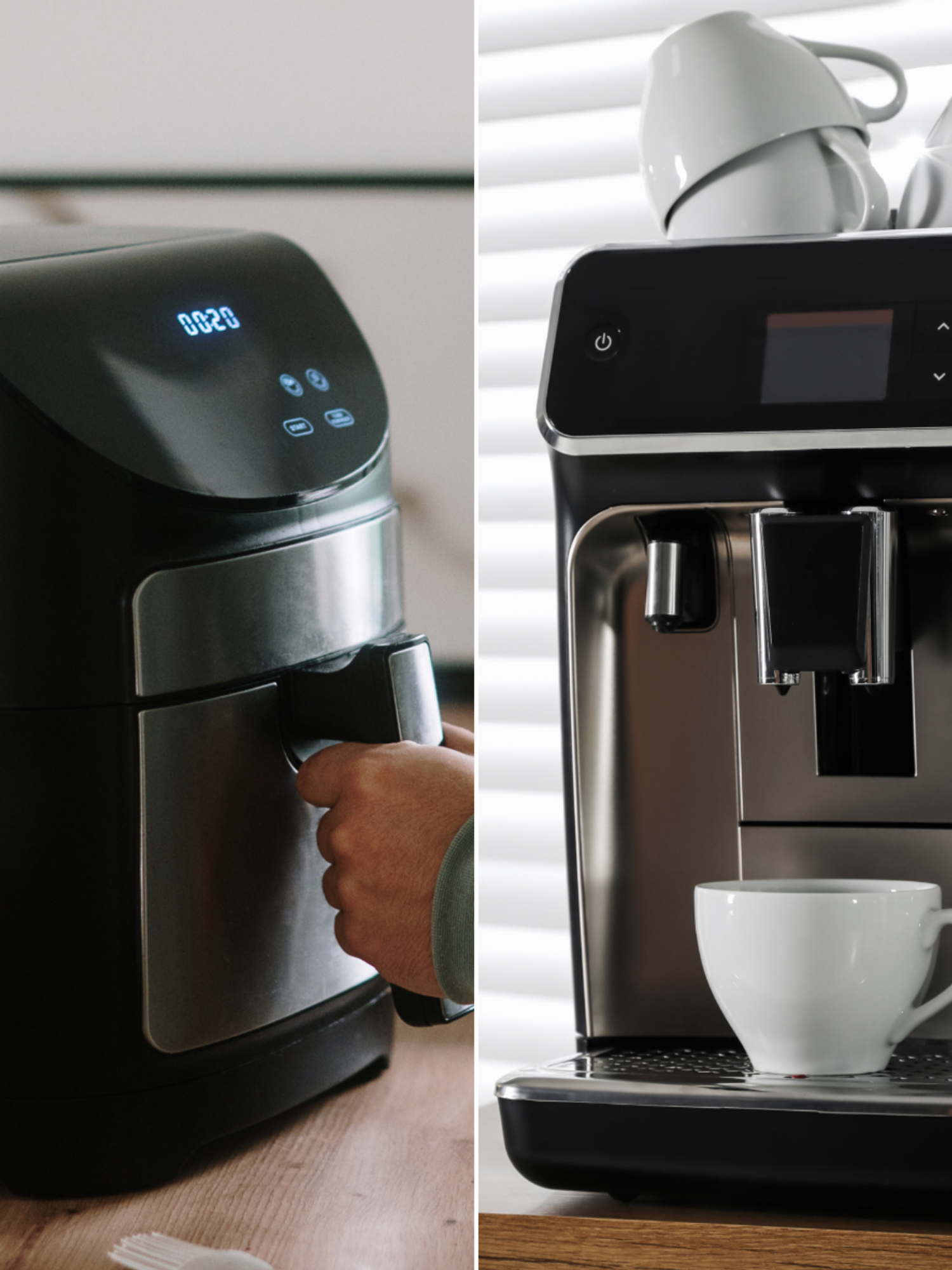 A composite image of an air fryer and a coffee machine