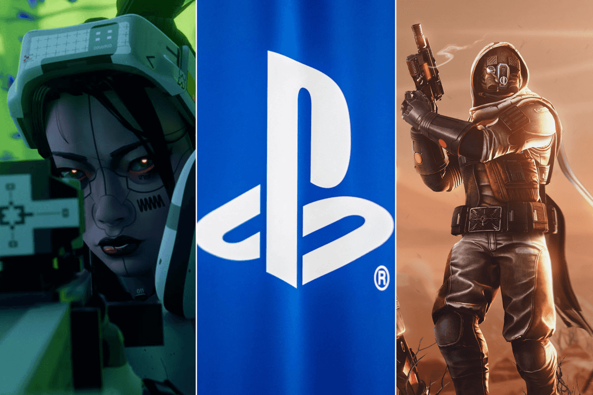 A composite image of an official screenshot from Marathon, a photo of the PlayStation logo and an official screenshot from Destiny 2