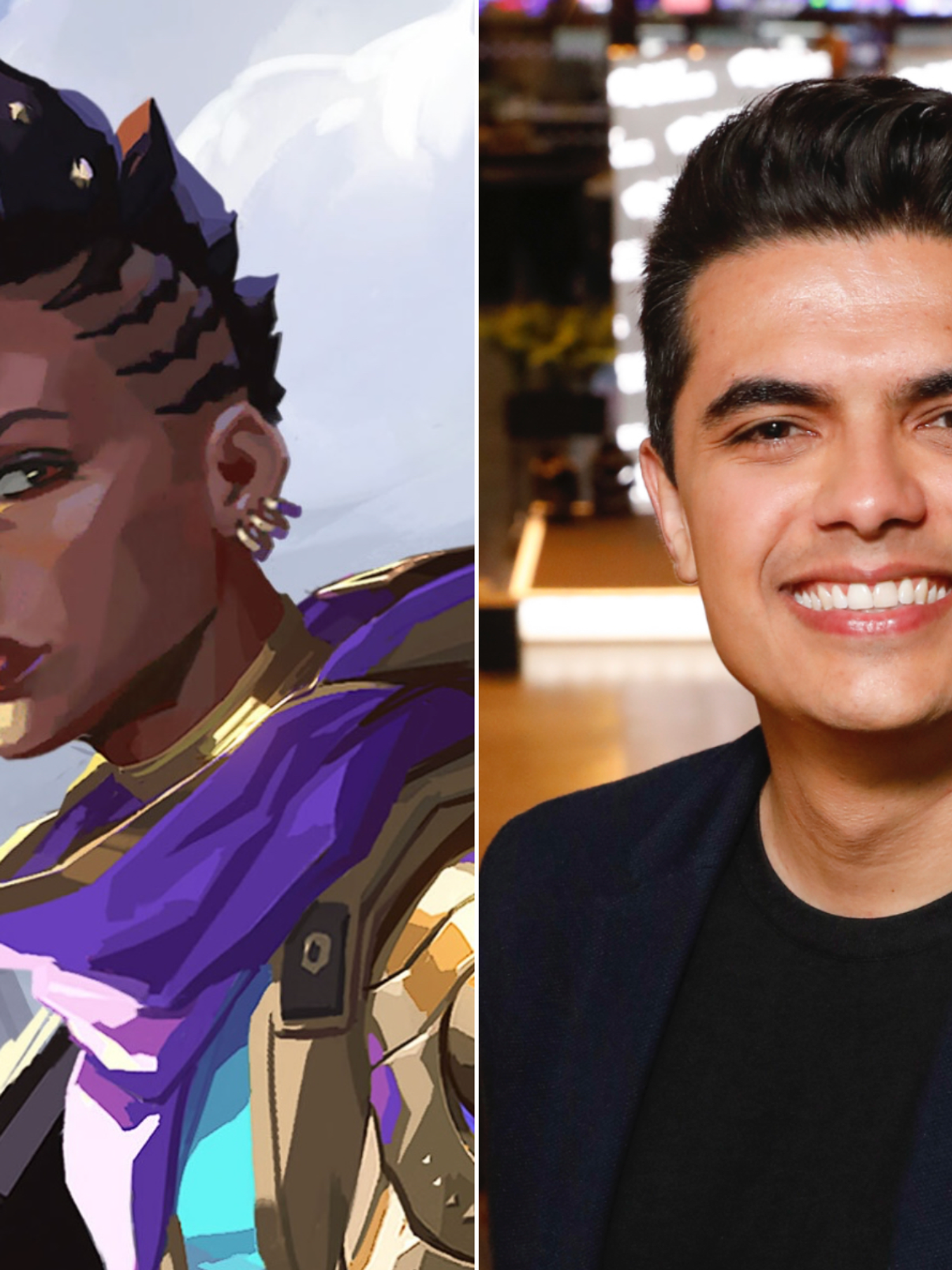 A composite image of an official screenshot from Valorant and a photo of Leo Faria