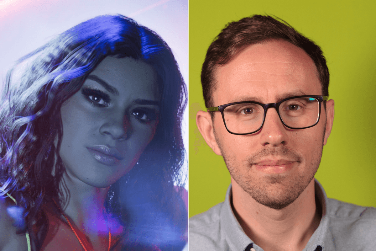A composite image of an official screenshot of Lucia Caminos in GTA 6 and a headshot of George E. Osborn