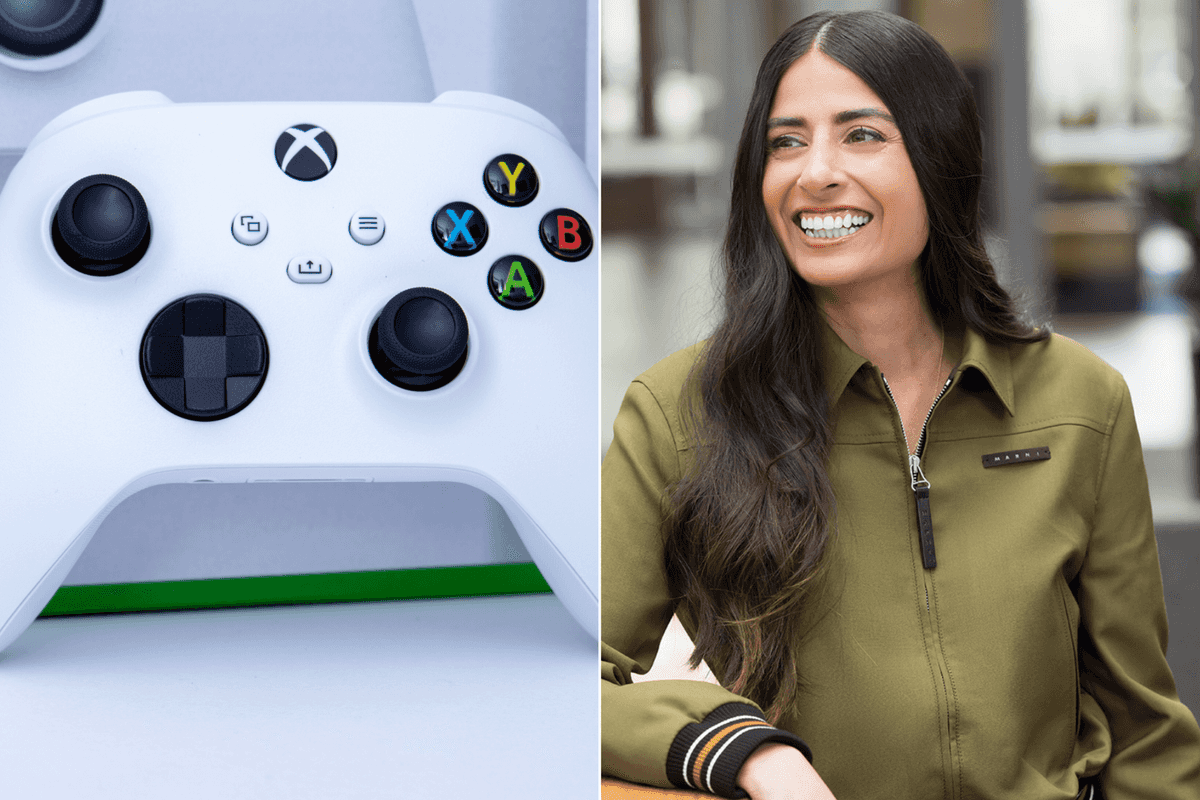 A composite image of an Xbox controller and company CEO Asha Sharma
