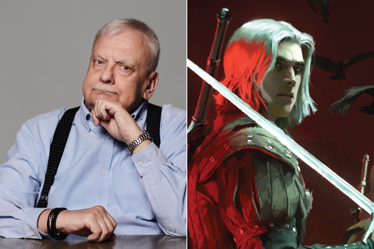 A composite image of Andrzej Sapkowski and the cover art for Crossroads of Ravens