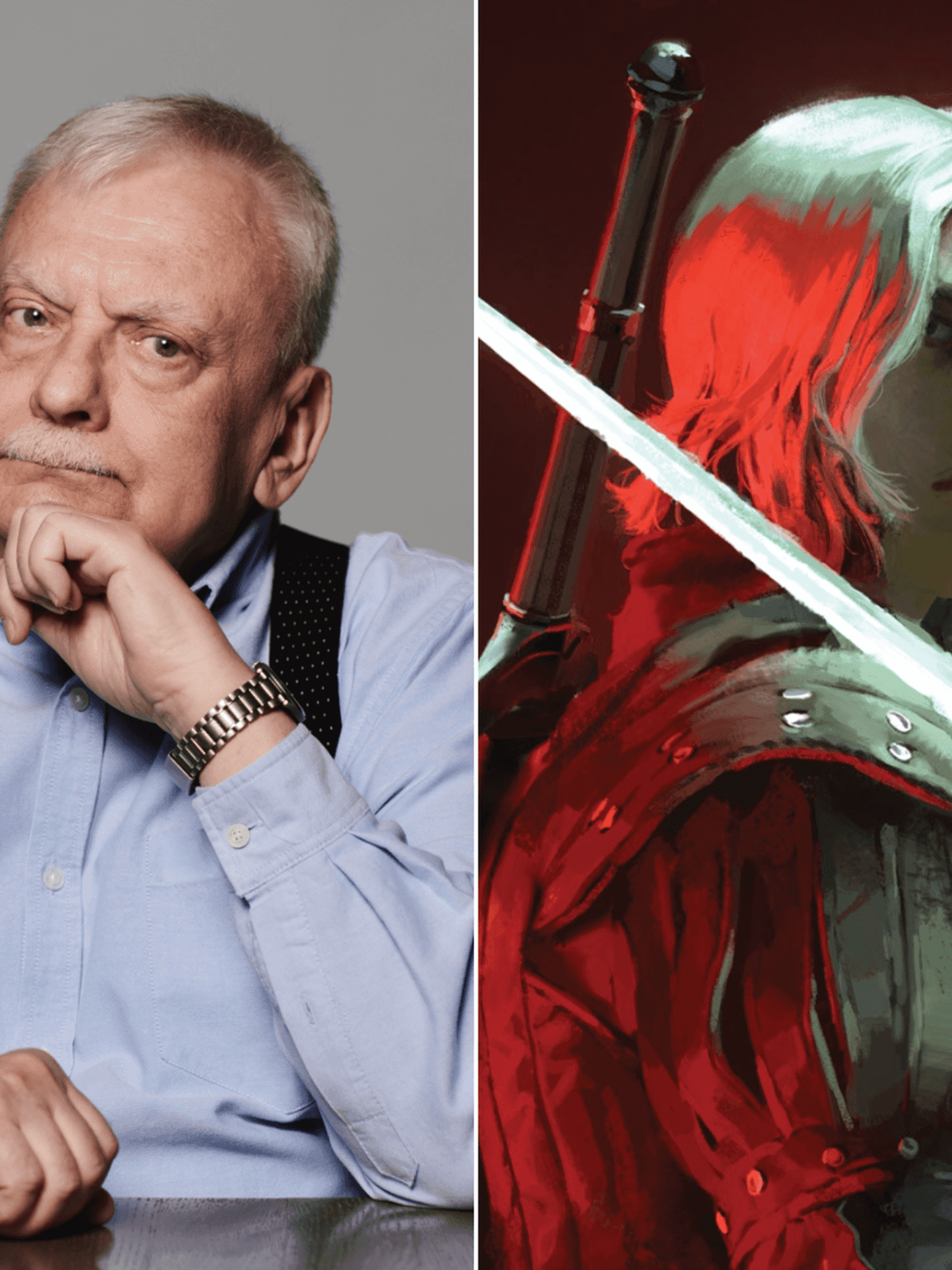 A composite image of Andrzej Sapkowski and the cover art for Crossroads of Ravens