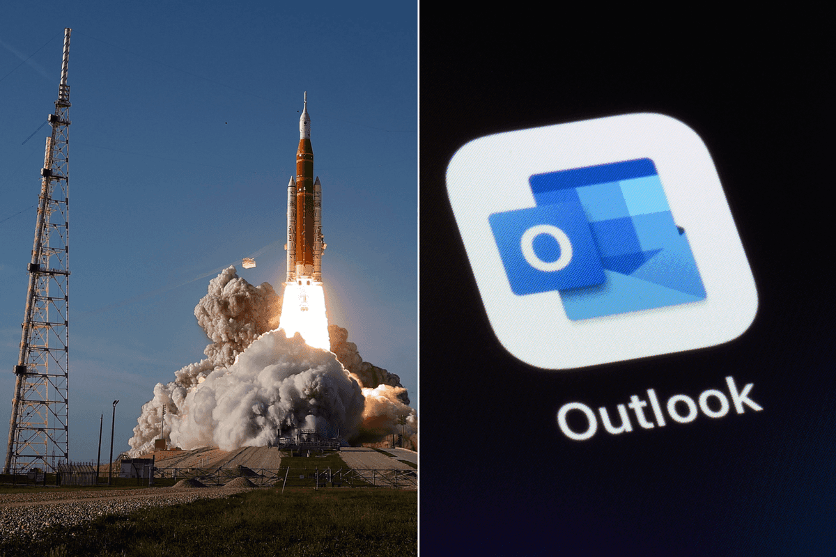 A composite image of Artemis II taking off and the Microsoft Outlook app installed on a smartphone