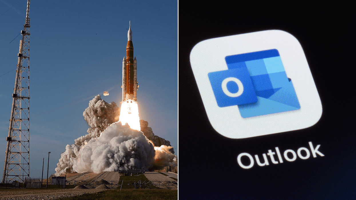 A composite image of Artemis II taking off and the Microsoft Outlook app installed on a smartphone