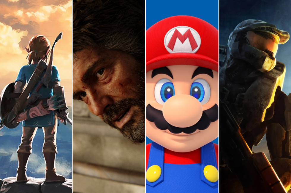 A composite image of artwork and screenshots from Zelda, The Last of Us, Mario and Halo