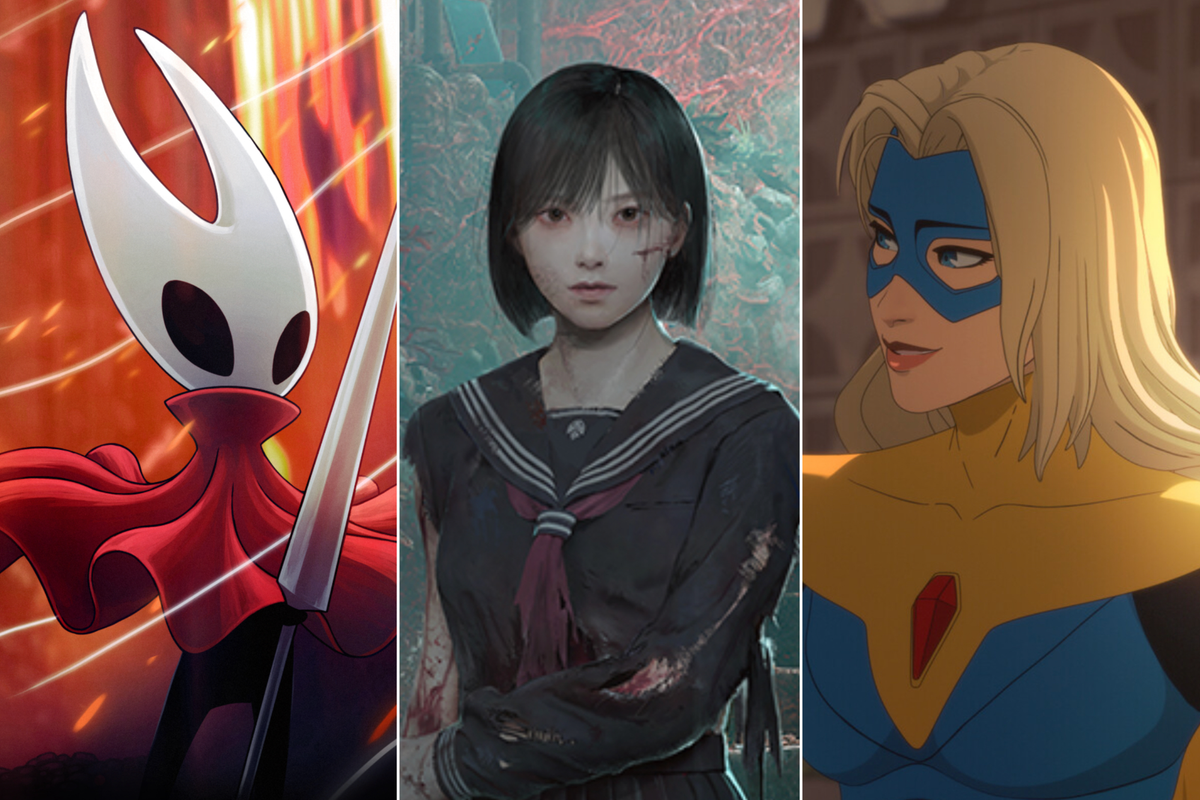 A composite image of artwork for Hollow Knight Silksong and Silent Hill f and an official screenshot from Dispatch