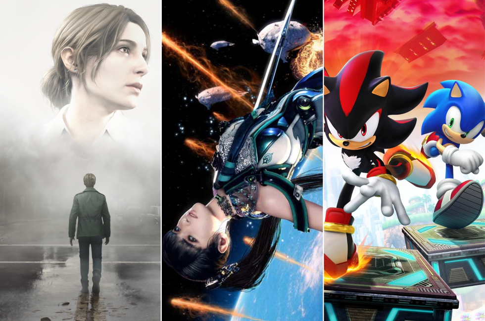 A composite image of artwork for Silent Hill 2, Stellar Blade and Sonic x Shadow Generations