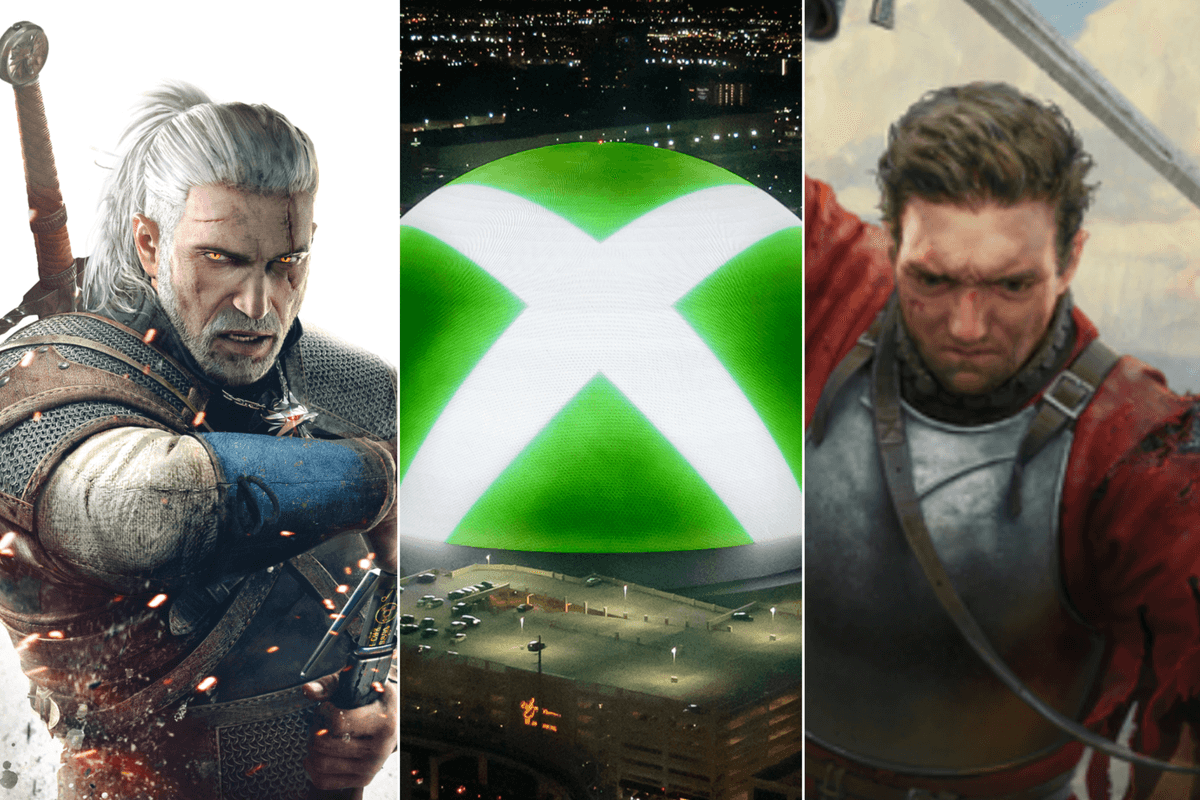 A composite image of artwork for The Witcher 3, a photo of the Xbox logo on the Las Vegas Sphere and artwork from Kingdom Come Deliverance 2