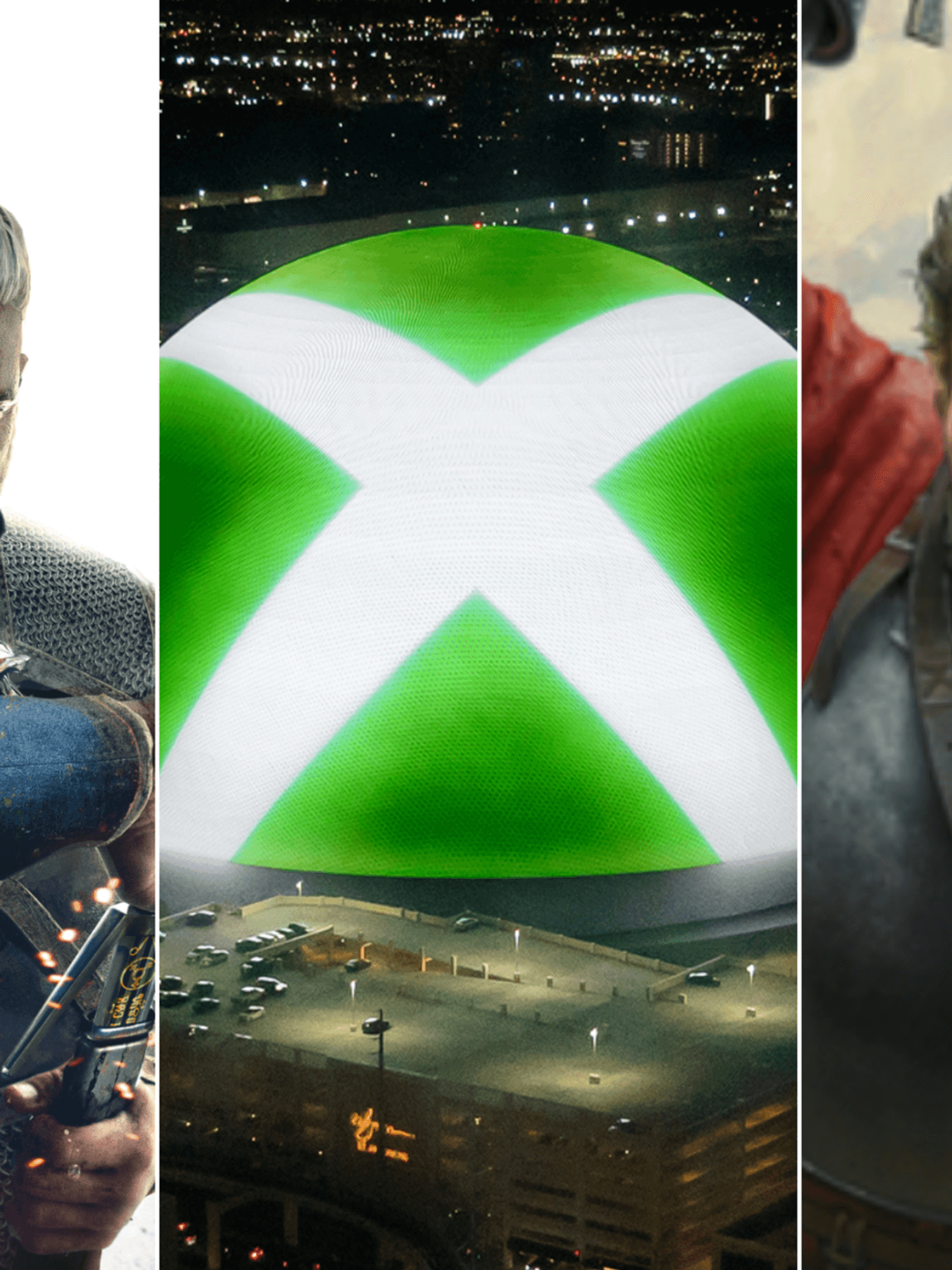 A composite image of artwork for The Witcher 3, a photo of the Xbox logo on the Las Vegas Sphere and artwork from Kingdom Come Deliverance 2